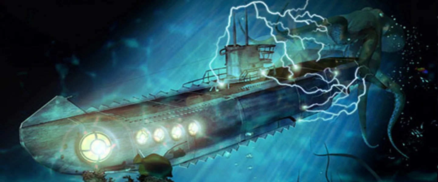 Sous-marin illuminé dans les abysses, éclairs bleus, décor aquatique de 20 000 Lieues sous les mers chez Way Out à Lyon