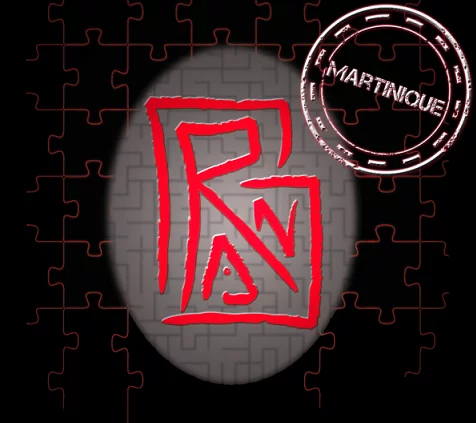 Logo rouge BRAIN sur un ovale gris et fond de puzzle, tampon Martinique, escape game du Lamentin