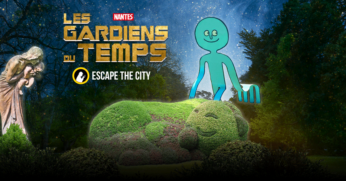 Créature fantomatique turquoise dans un jardin nocturne avec statue, Escape The City à Nantes
