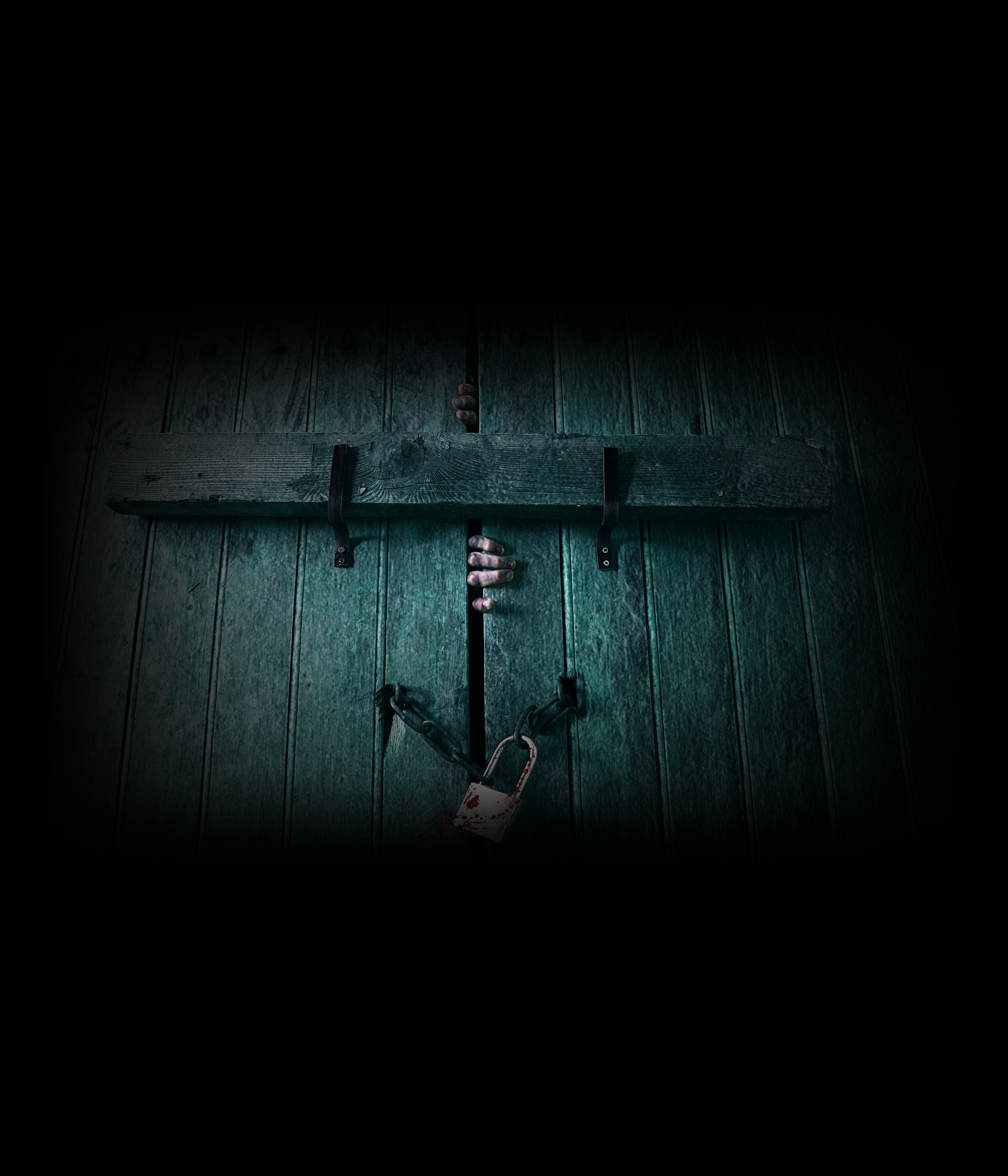 Porte en bois barricadée avec chaînes et cadenas rouillés dans l'obscurité